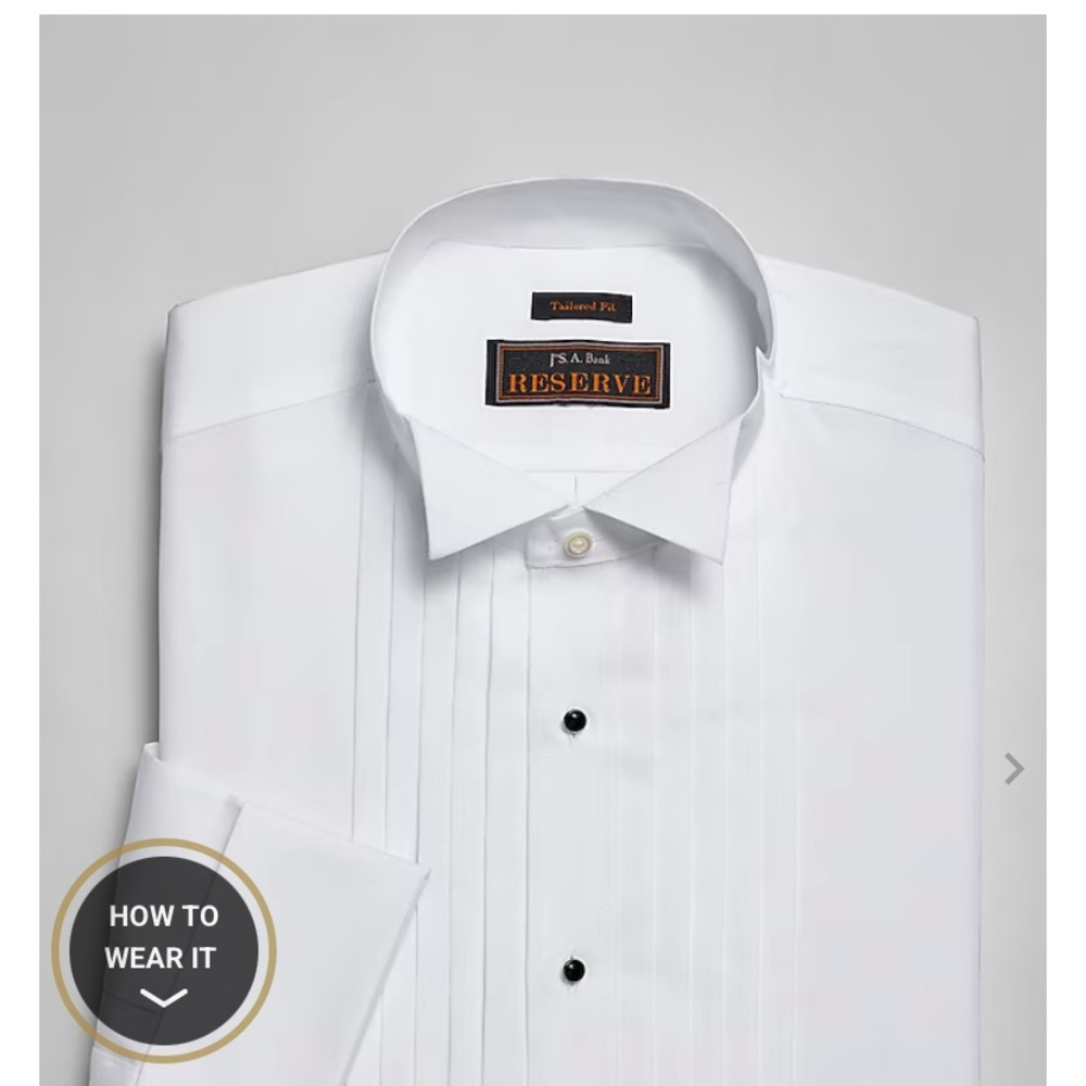 White Joseph A Bank Tuxedo Shirt with Wing Collar, French Cuff and Pleated Front